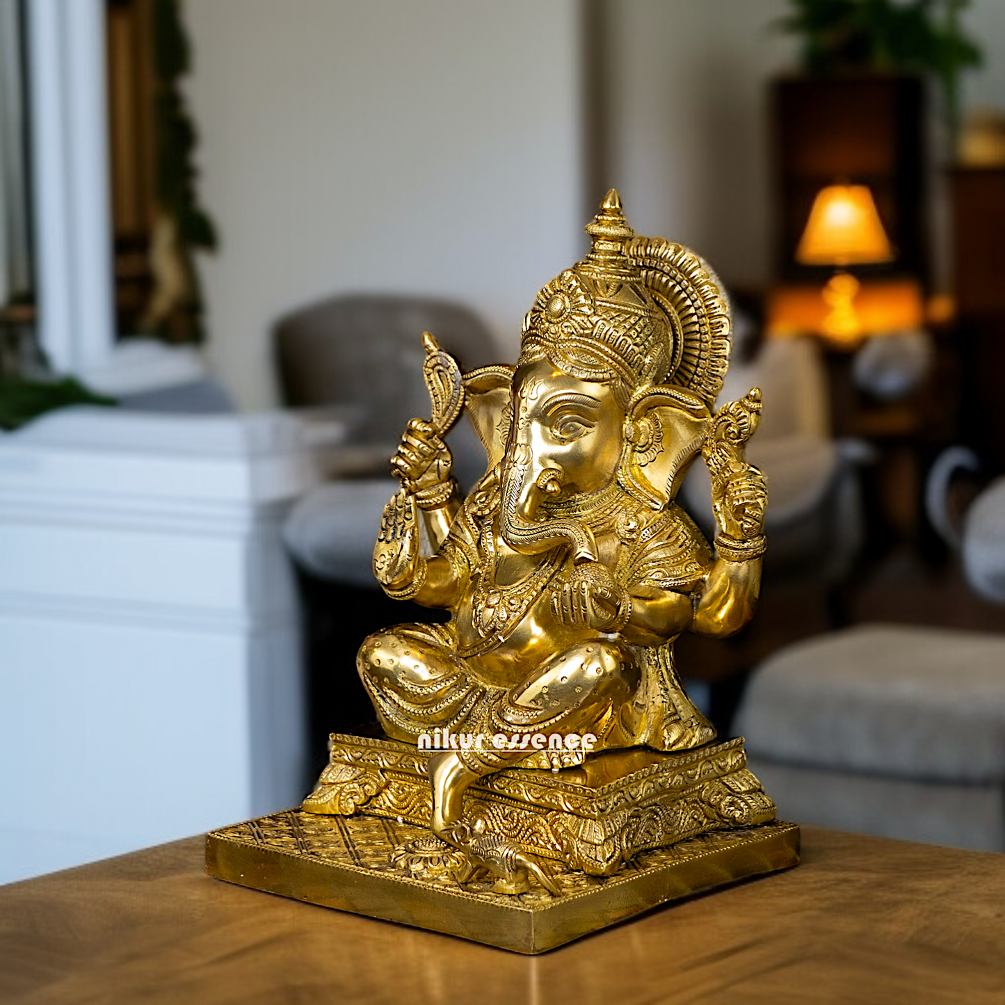 Solid Brass Ganesha with Blessing seated on throne idol - 11 inches Nikuressence