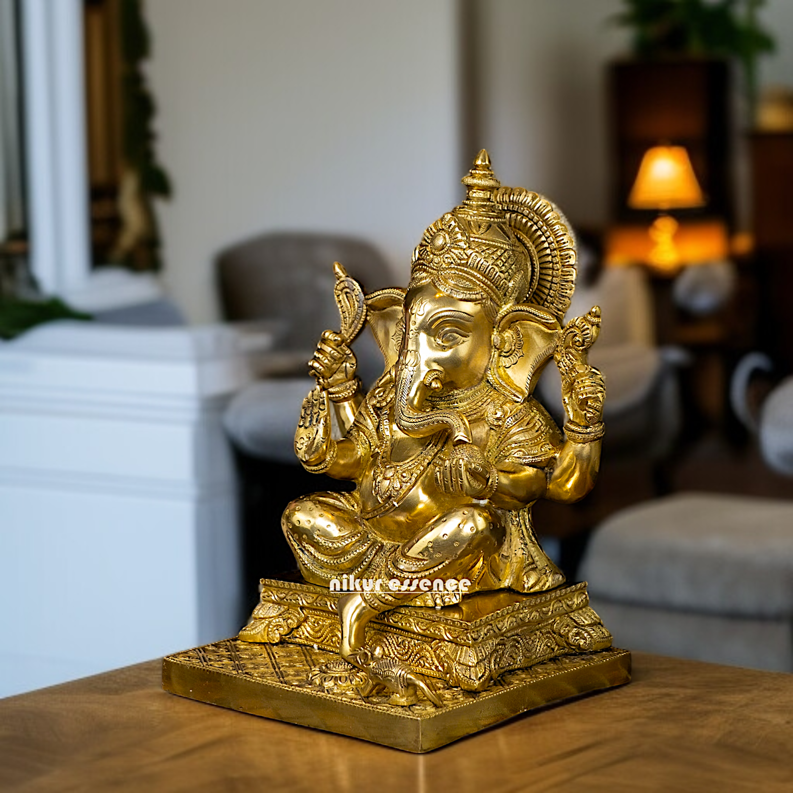 Solid Brass Ganesha with Blessing seated on throne idol - 11 inches Nikuressence