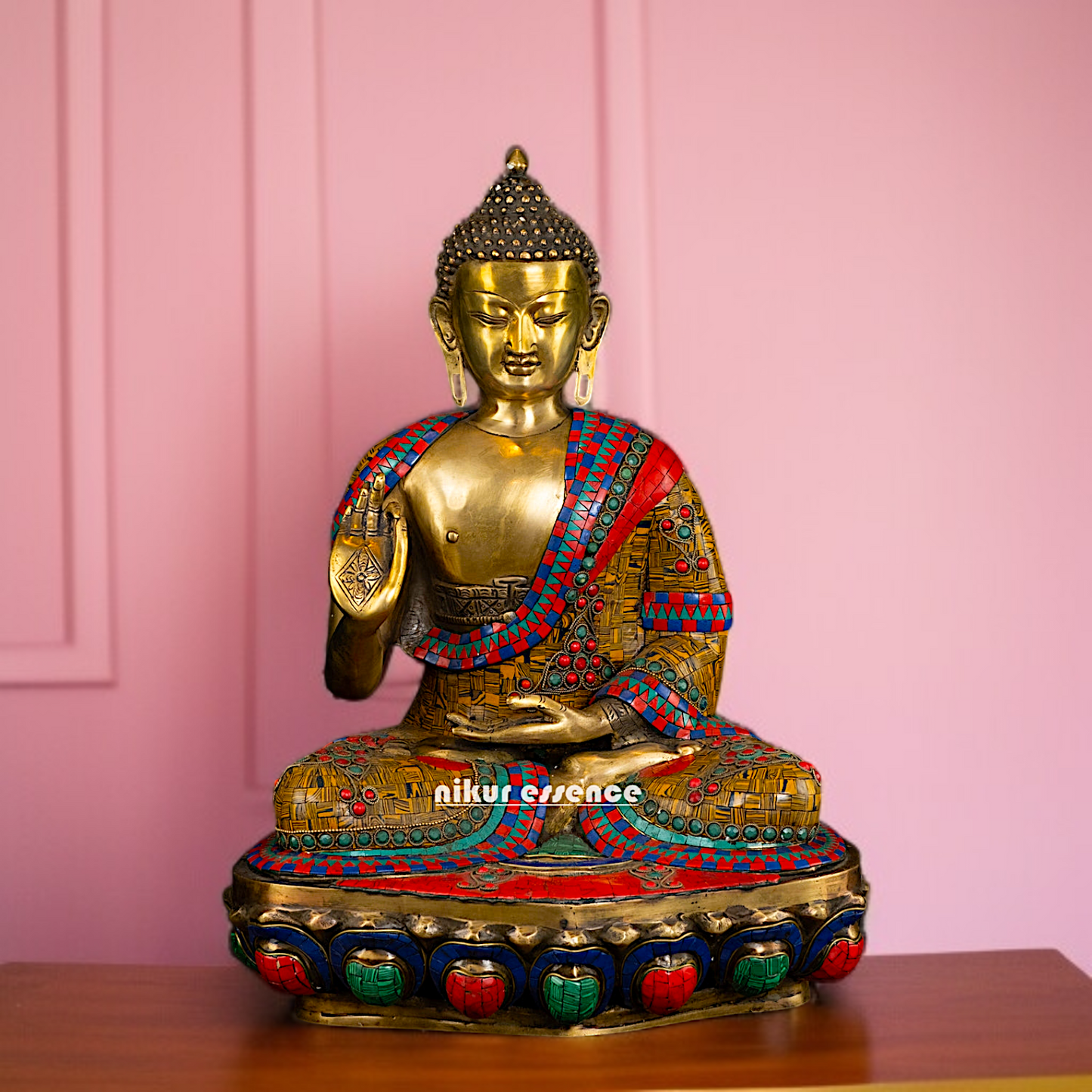 Online Buddha Blessing Brass with stone work statue - 19 Inches Nikuressence