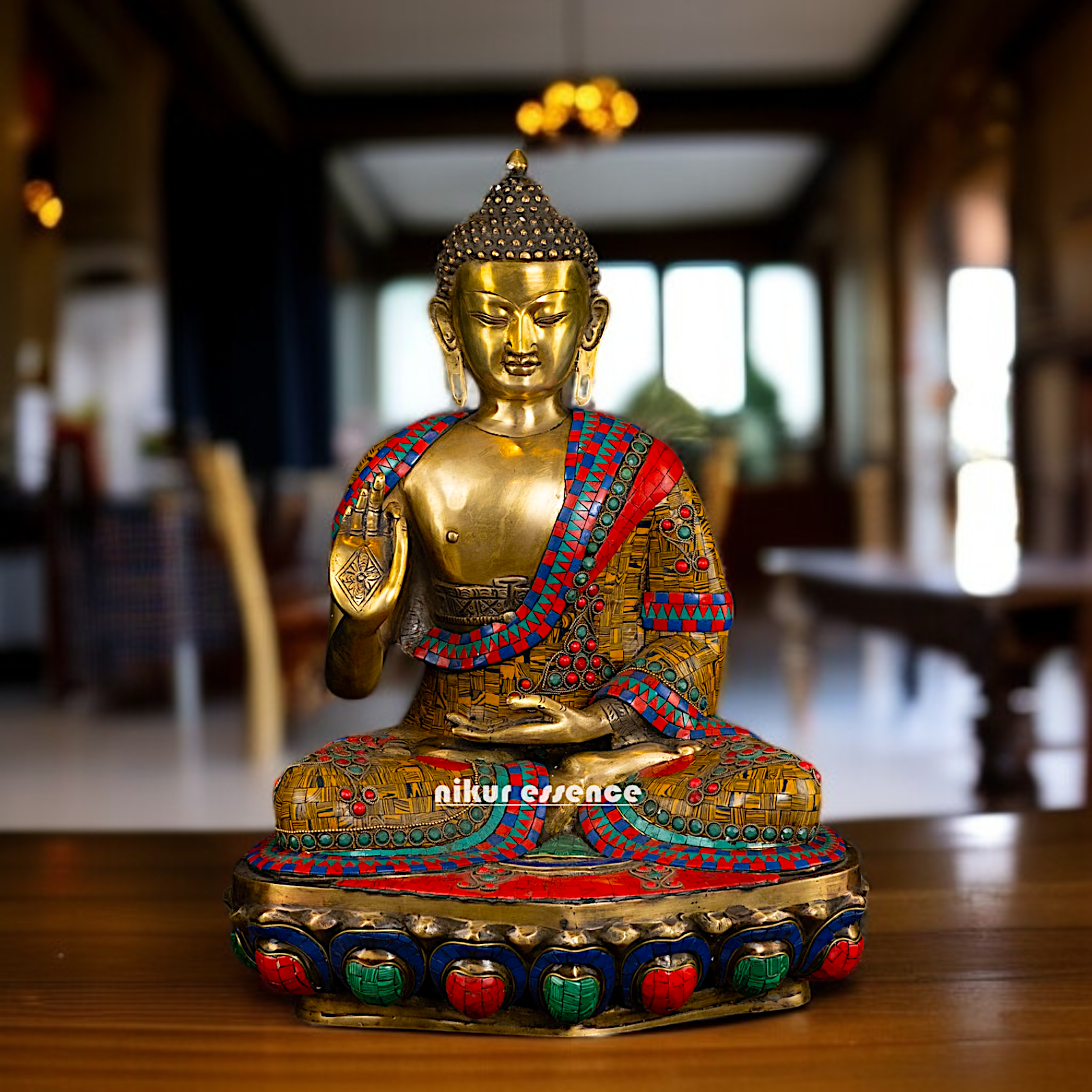 Online Buddha Blessing Brass with stone work statue - 19 Inches Nikuressence