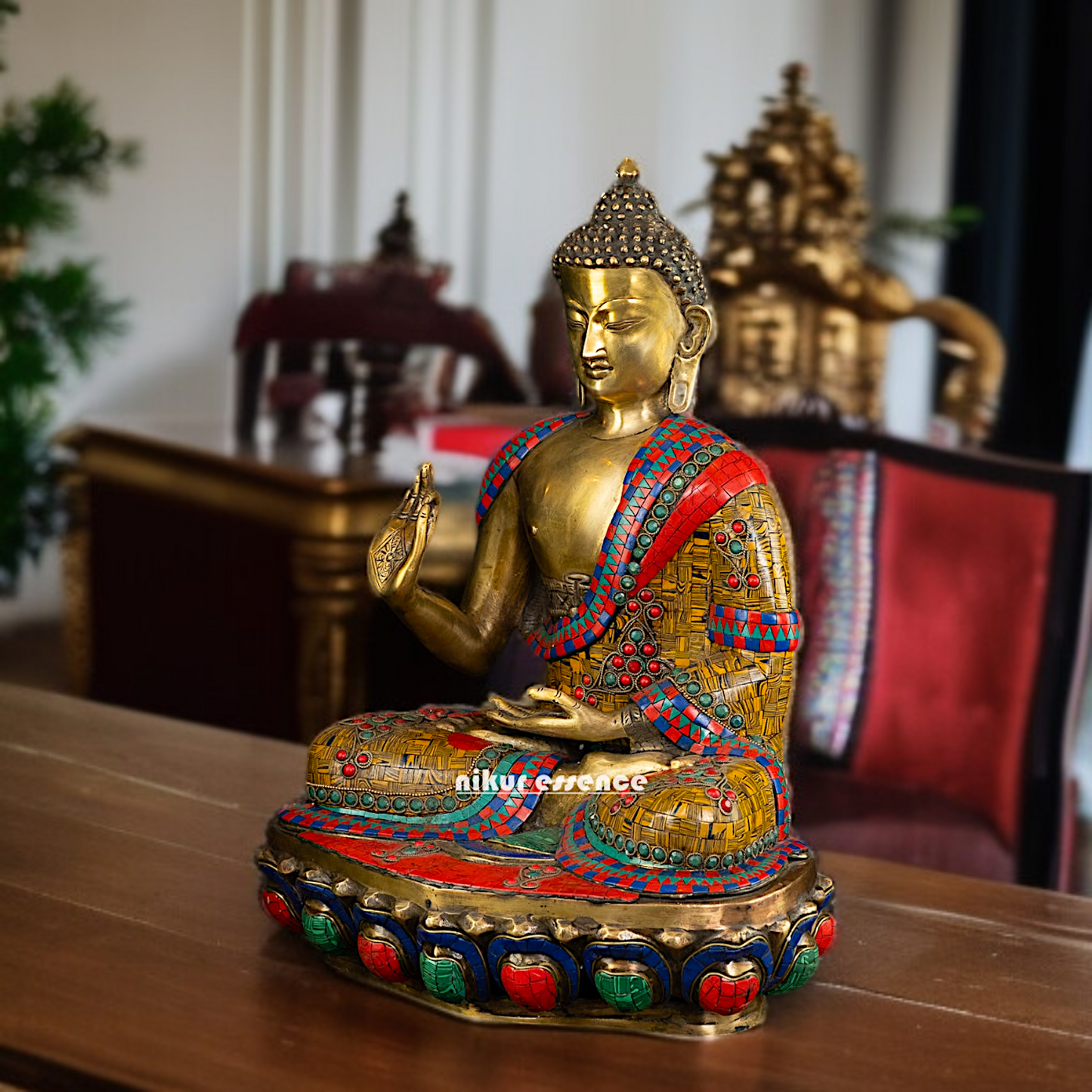 Online Buddha Blessing Brass with stone work statue - 19 Inches Nikuressence