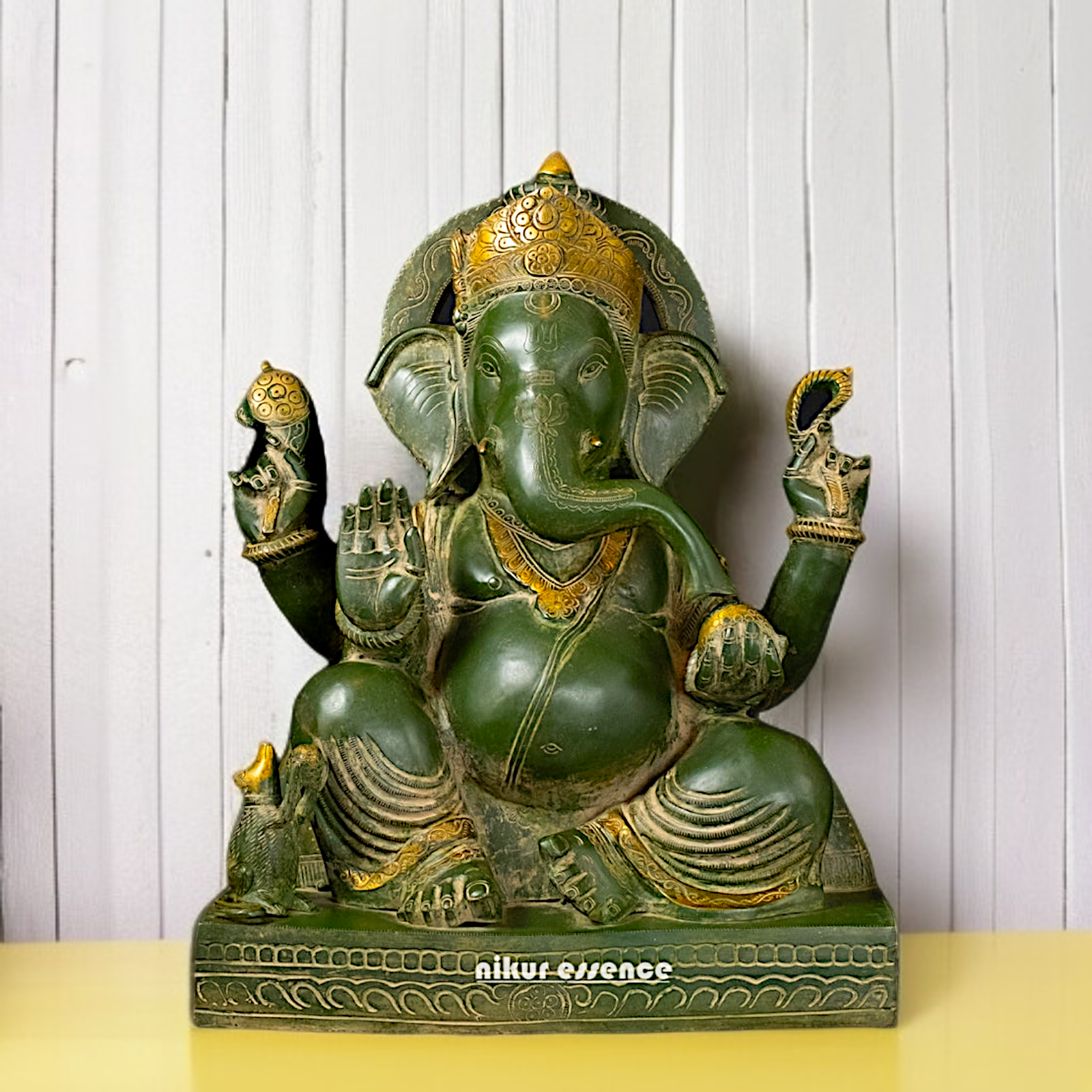 Brass Green Ganesha Seated with Blessing idol - 20 Inches Nikuressence
