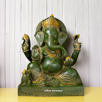 Brass Green Ganesha Seated with Blessing idol - 20 Inches Nikuressence