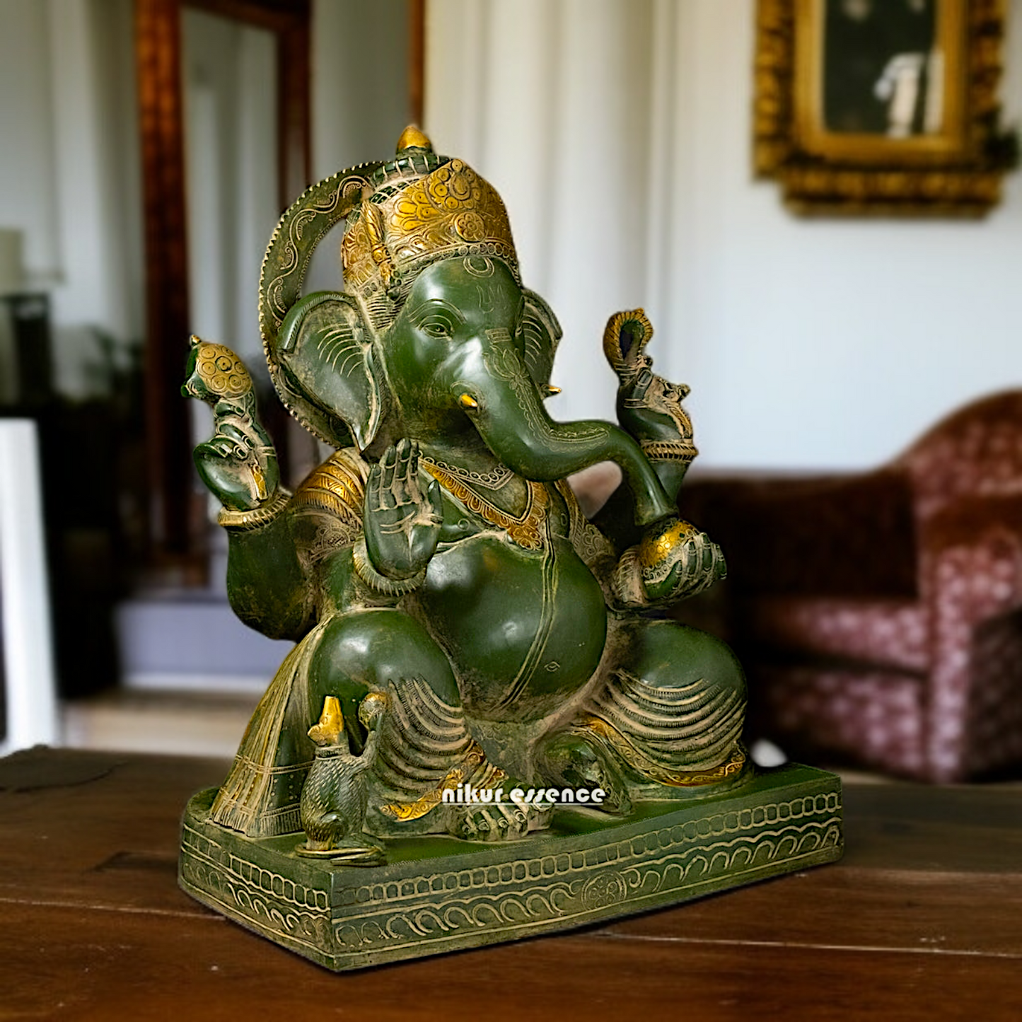 Brass Green Ganesha Seated with Blessing idol - 20 Inches Nikuressence