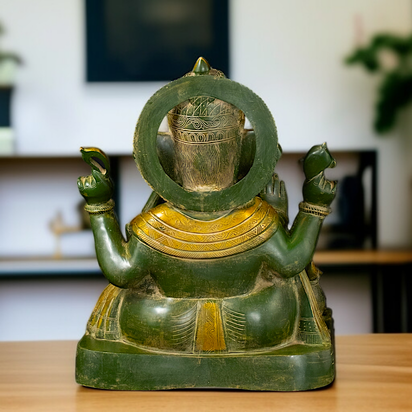 Brass Green Ganesha Seated with Blessing idol - 20 Inches Nikuressence