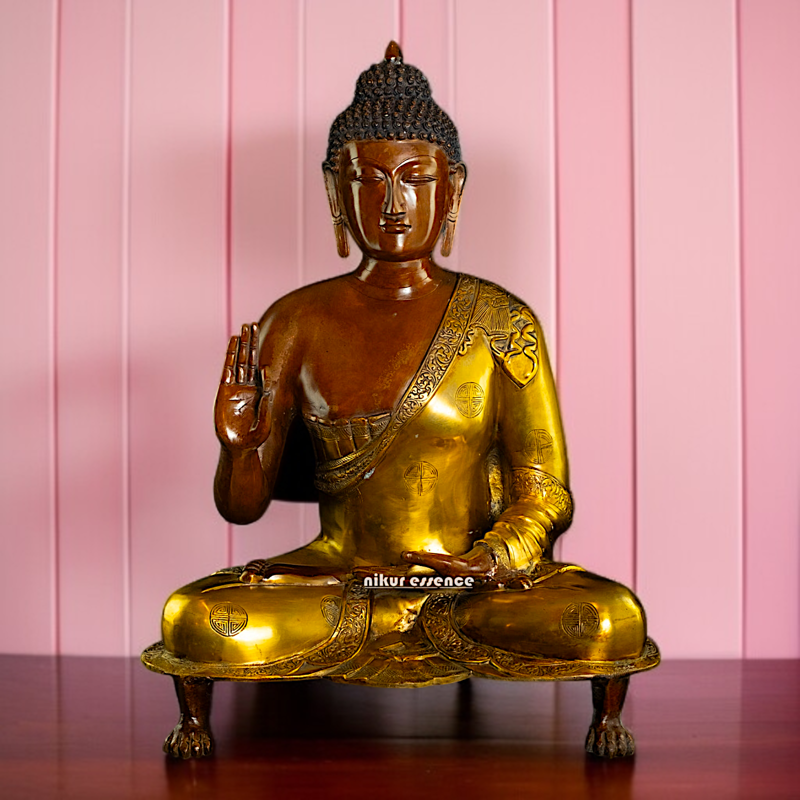 Large Buddha Brass Sitting on throne Blessing idol - 25 Inches Nikuressence