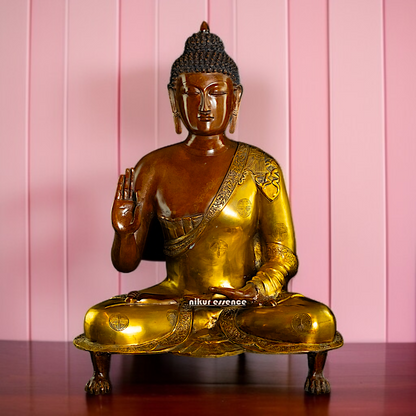 Large Buddha Brass Sitting on throne Blessing idol - 25 Inches Nikuressence