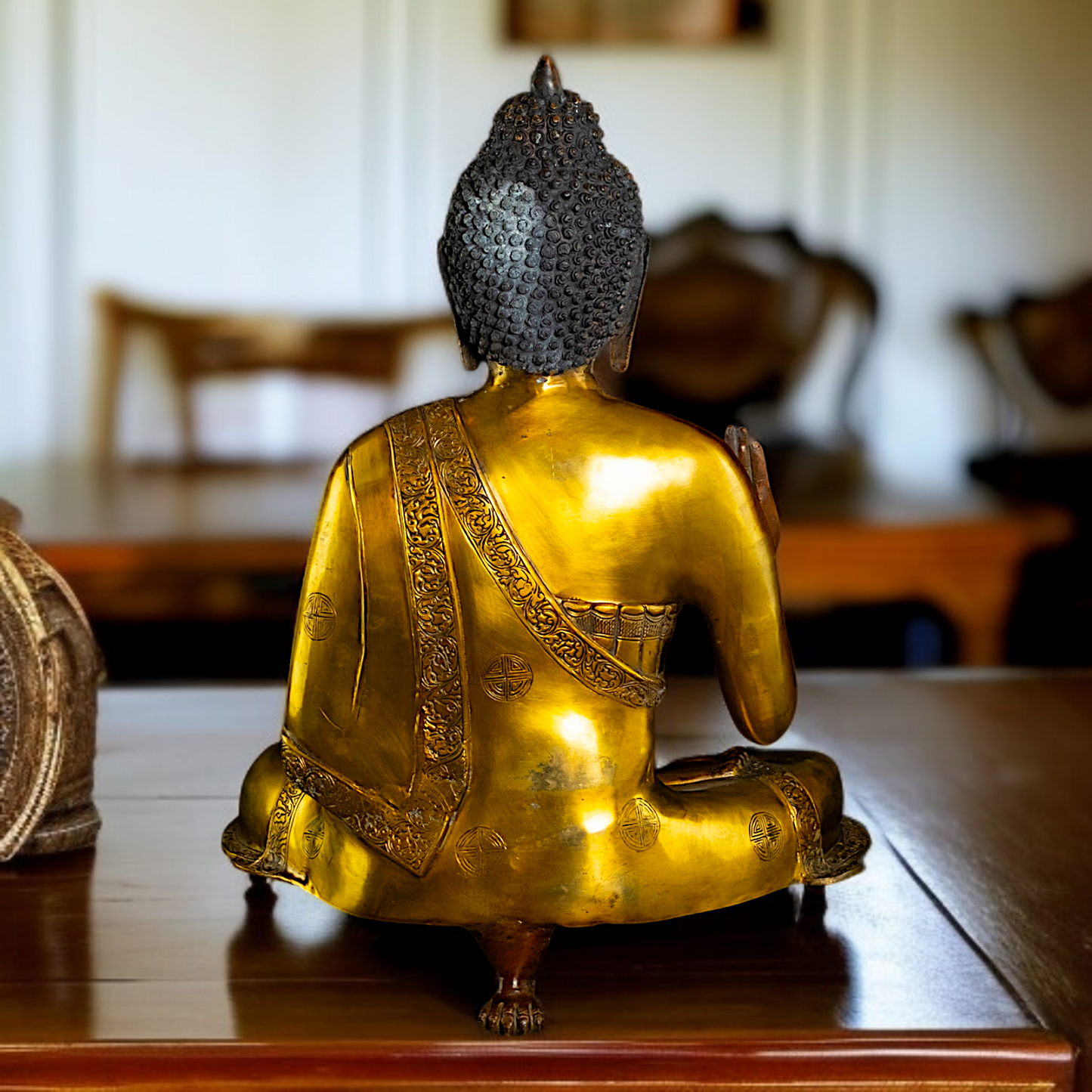 Large Buddha Brass Sitting on throne Blessing idol - 25 Inches Nikuressence