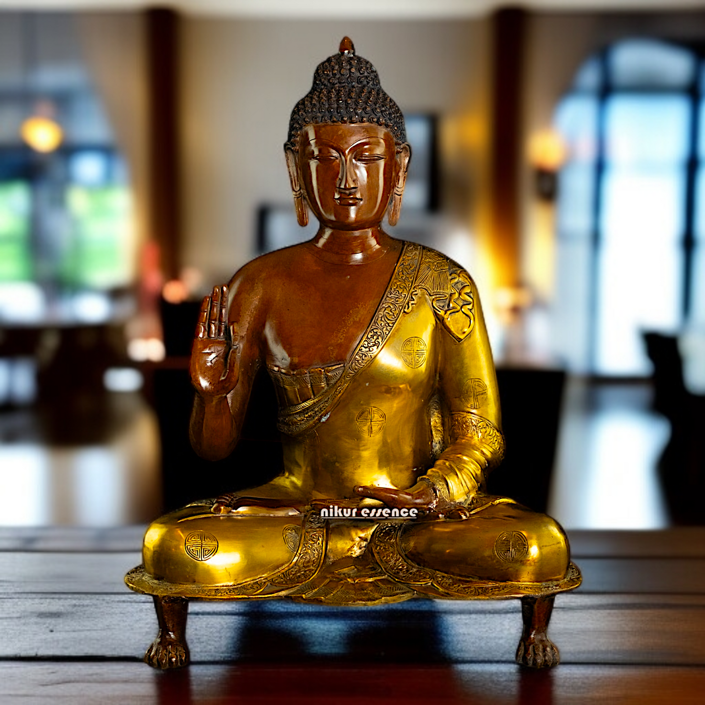 Large Buddha Brass Sitting on throne Blessing idol - 25 Inches Nikuressence