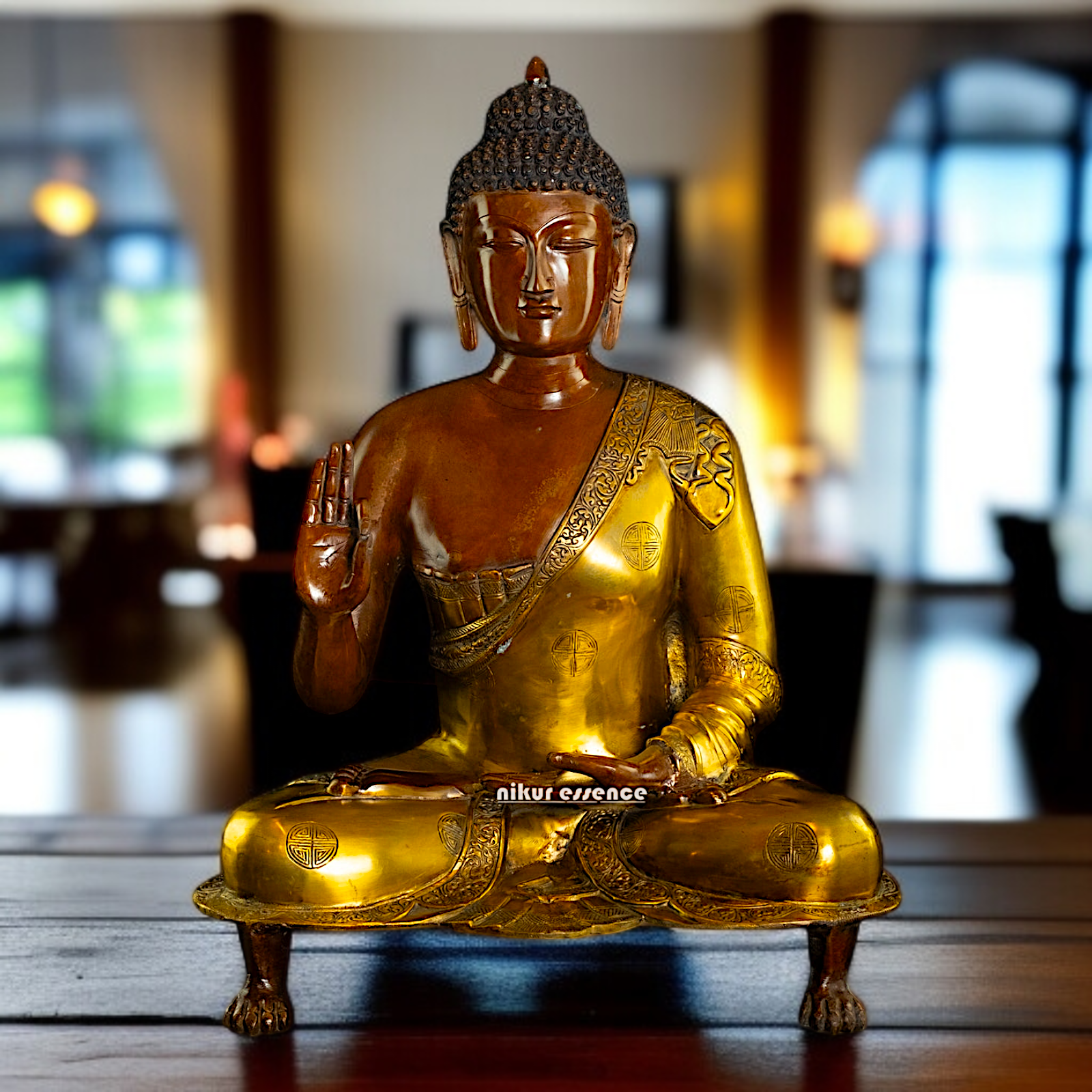 Large Buddha Brass Sitting on throne Blessing idol - 25 Inches Nikuressence