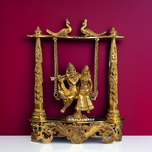 Radha Krishna seated on Jhula swing Solid Brass idol - 18 Inches Nikuressence