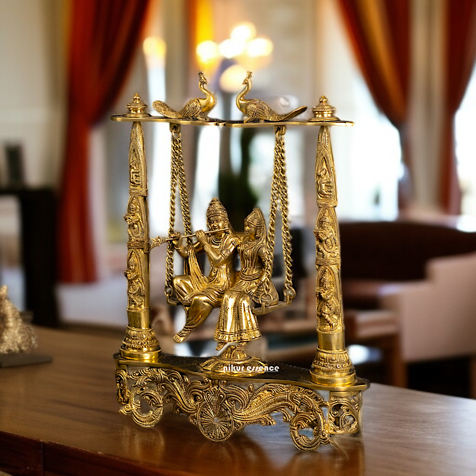 Radha Krishna seated on Jhula swing Solid Brass idol - 18 Inches Nikuressence