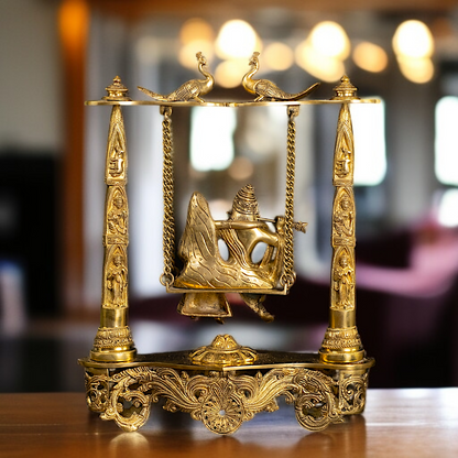 Radha Krishna seated on Jhula swing Solid Brass idol - 18 Inches Nikuressence