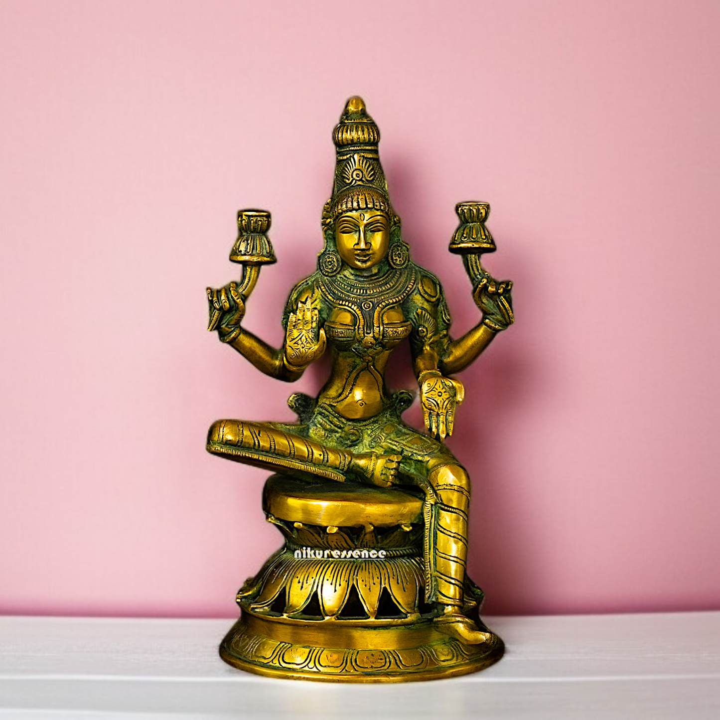 Buy Lakshmi Devi Sitting with Lotus Blessing Brass idol - 12 Inches Nikuressence