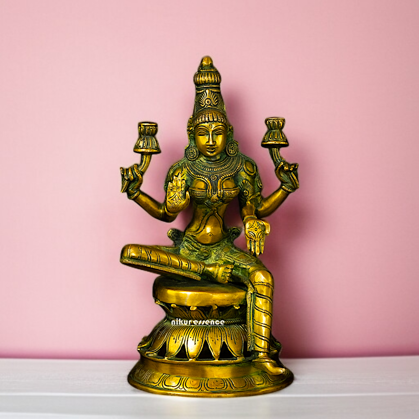 Buy Lakshmi Devi Sitting with Lotus Blessing Brass idol - 12 Inches Nikuressence