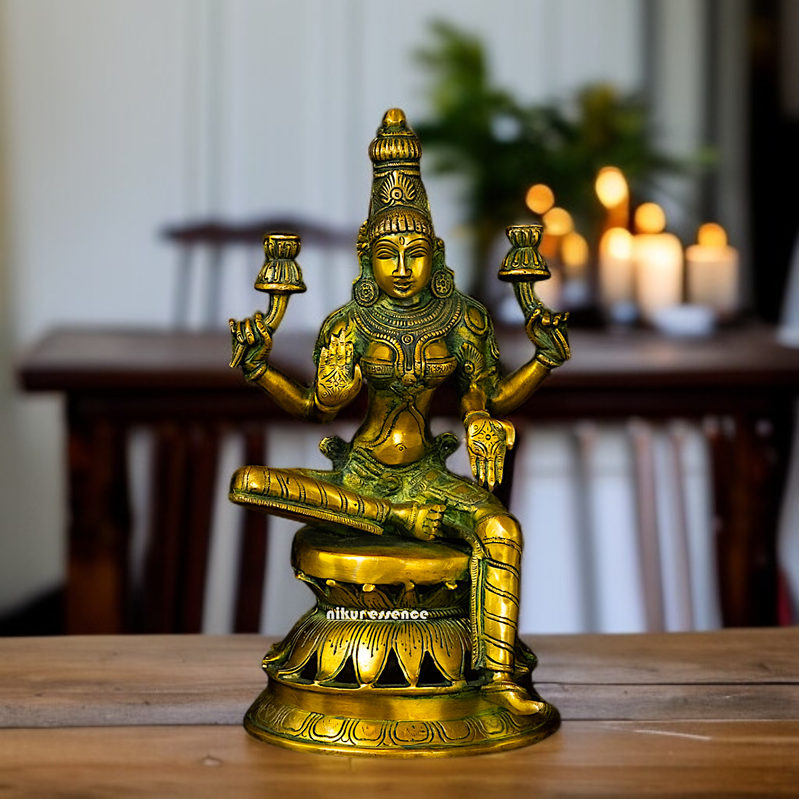 Buy Lakshmi Devi Sitting with Lotus Blessing Brass idol - 12 Inches Nikuressence