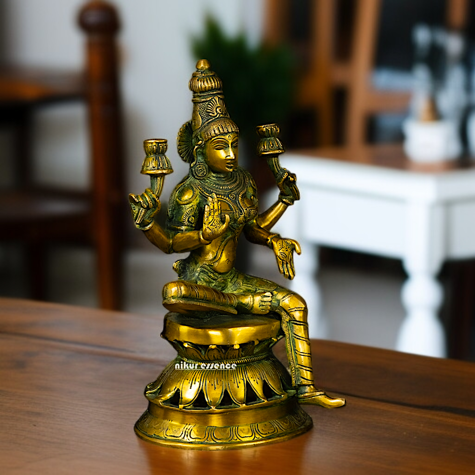 Buy Lakshmi Devi Sitting with Lotus Blessing Brass idol - 12 Inches Nikuressence