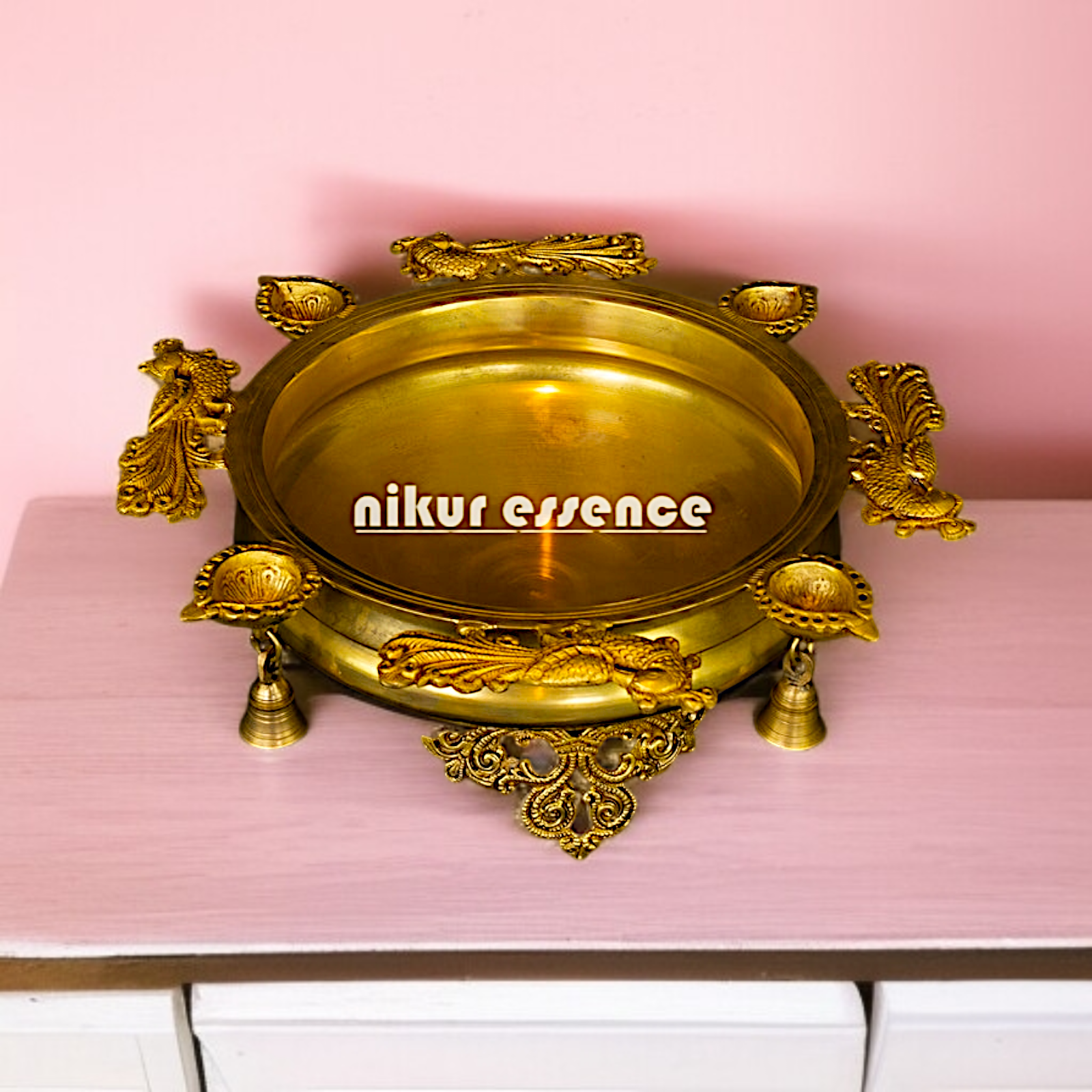 Urli with Diya lamp and Bells Solid Brass - 16 Inches Nikuressence