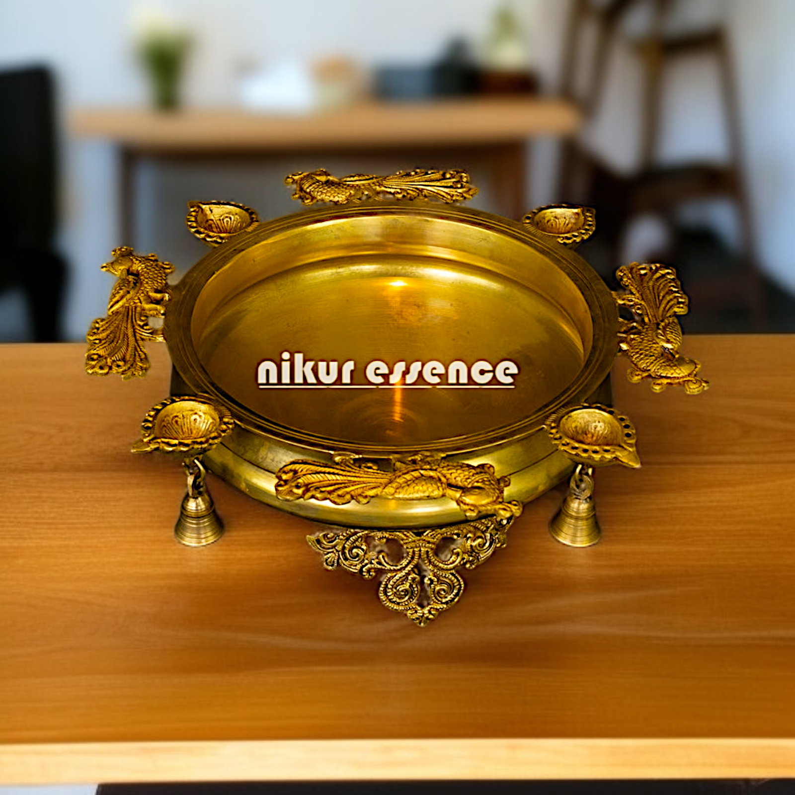 Urli with Diya lamp and Bells Solid Brass - 16 Inches Nikuressence