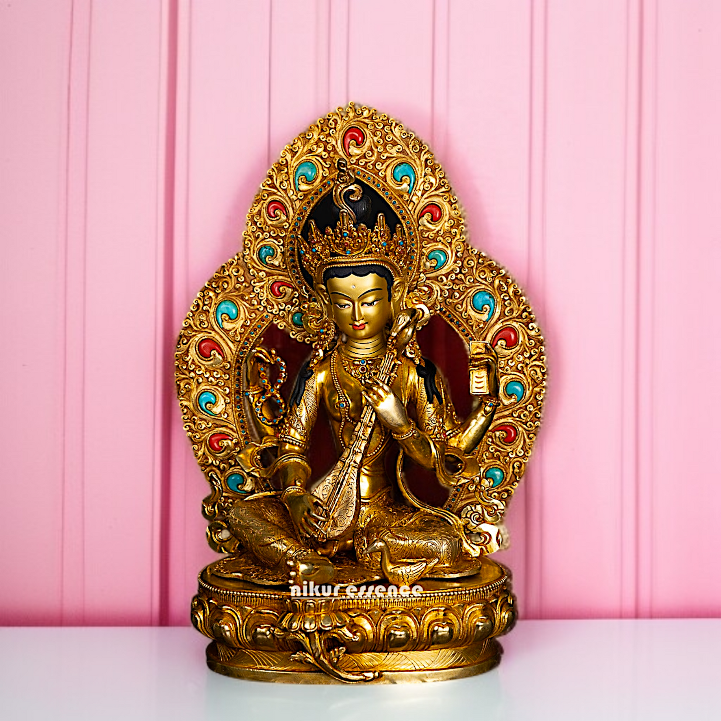 Brass Saraswati Devi Seated Playing Veena with stone work idol - 16 Inches Nikuressence