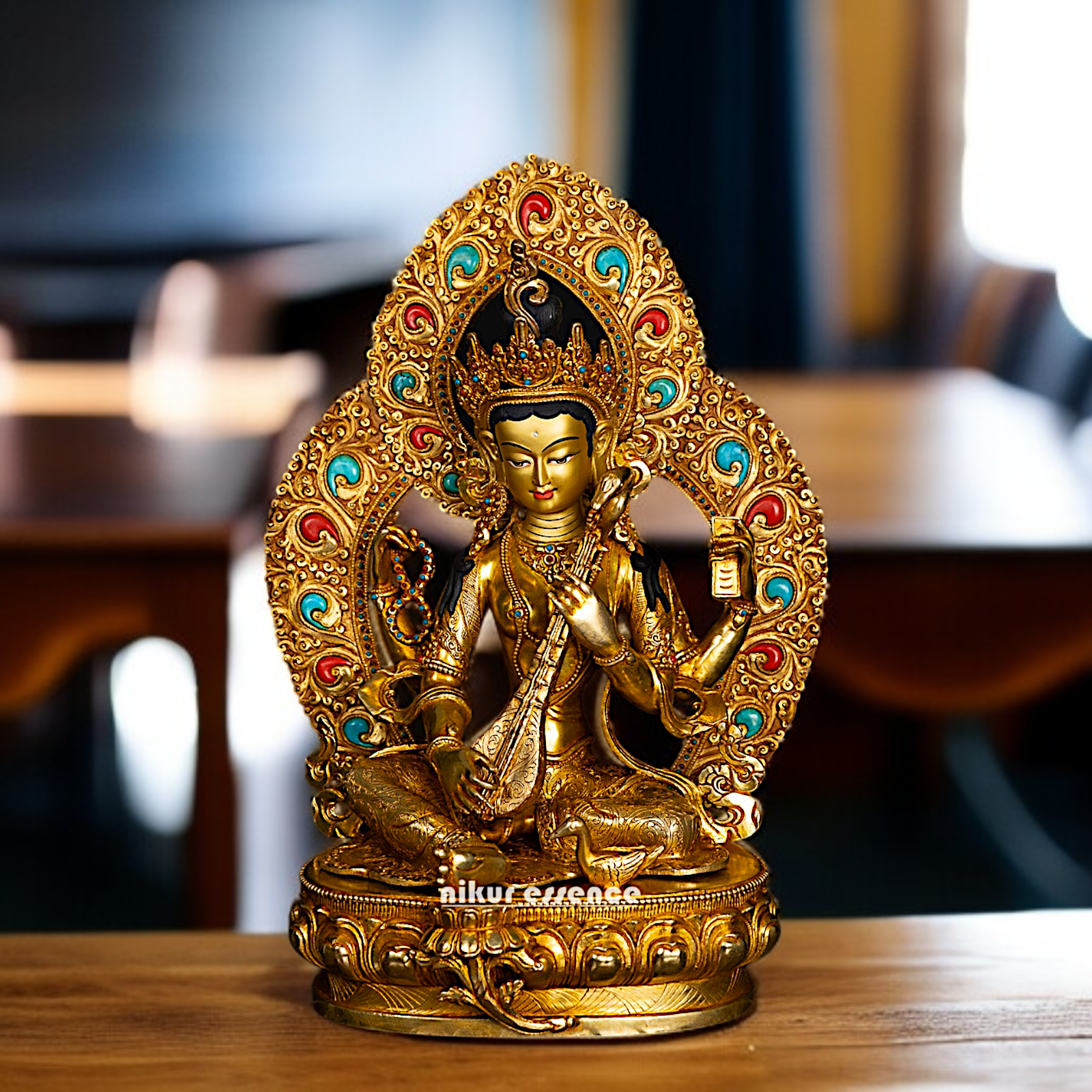 Brass Saraswati Devi Seated Playing Veena with stone work idol - 16 Inches Nikuressence