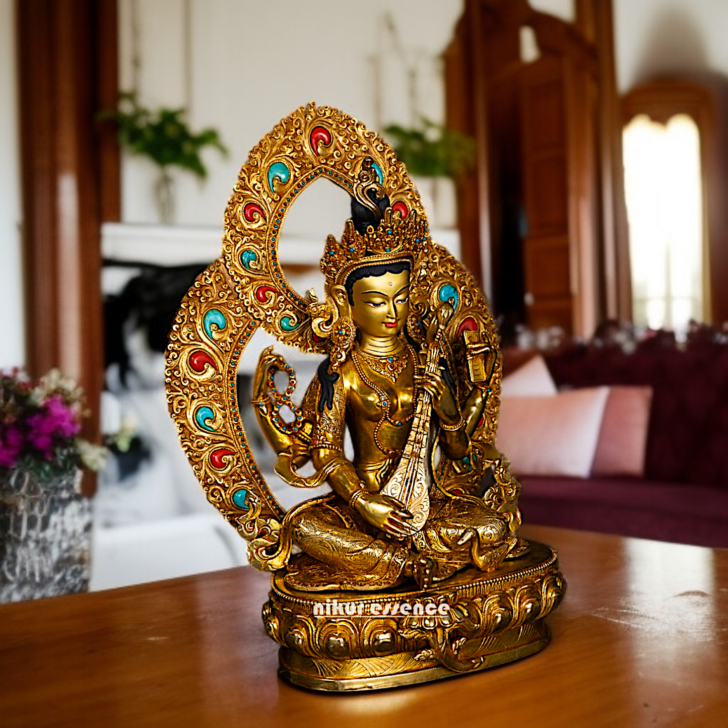 Brass Saraswati Devi Seated Playing Veena with stone work idol - 16 Inches Nikuressence