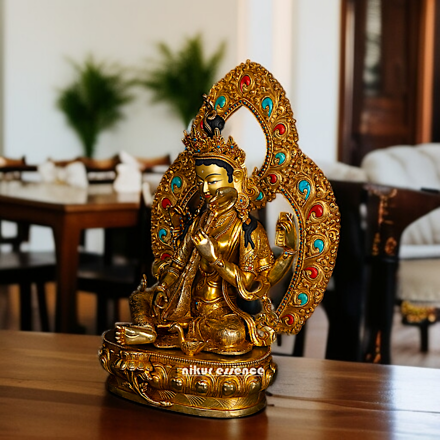 Brass Saraswati Devi Seated Playing Veena with stone work idol - 16 Inches Nikuressence