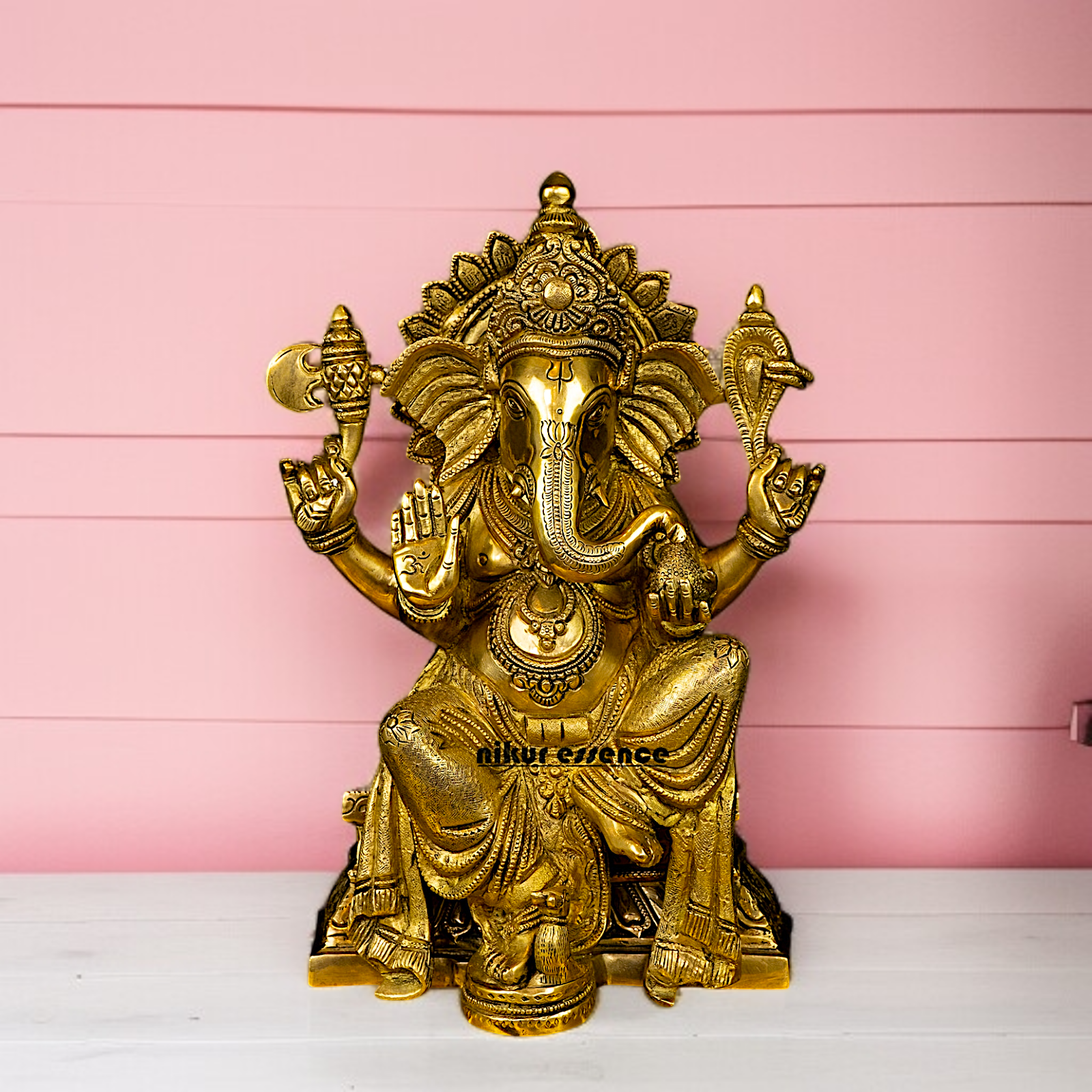 Ganesh Ganpati with Blessing seated pedestal brass idol - 13 Inches Nikuressence