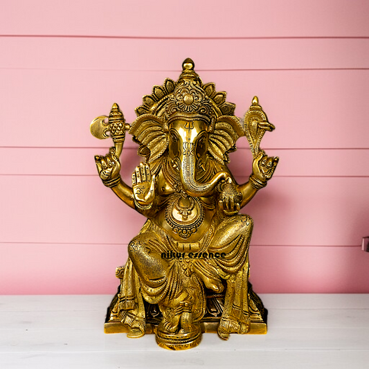 Ganesh Ganpati with Blessing seated pedestal brass idol - 13 Inches Nikuressence