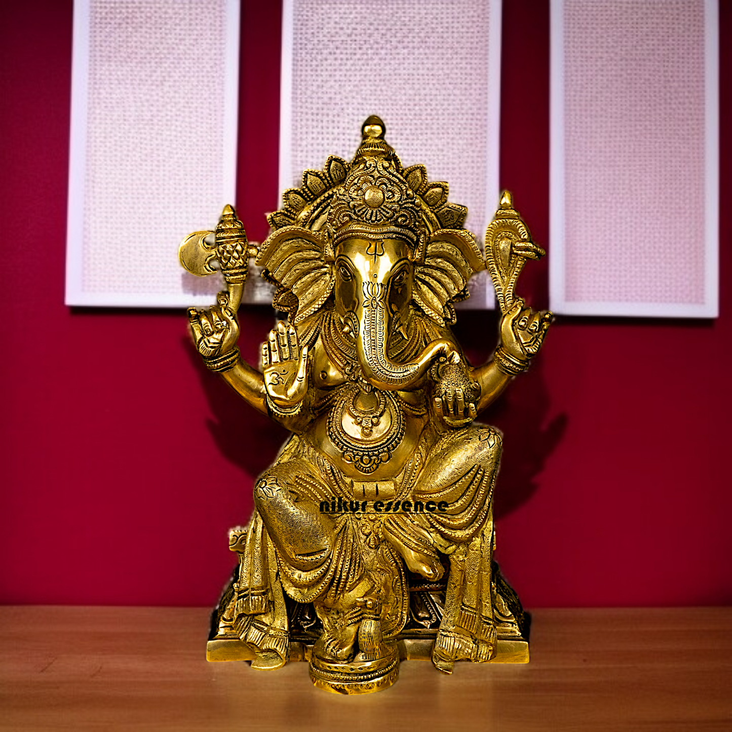Ganesh Ganpati with Blessing seated pedestal brass idol - 13 Inches Nikuressence