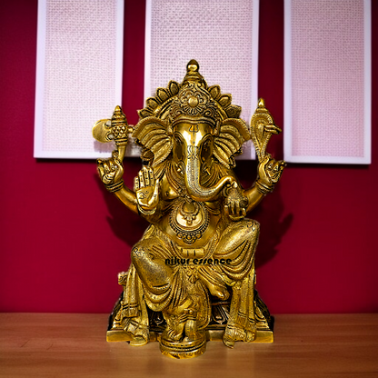 Ganesh Ganpati with Blessing seated pedestal brass idol - 13 Inches Nikuressence