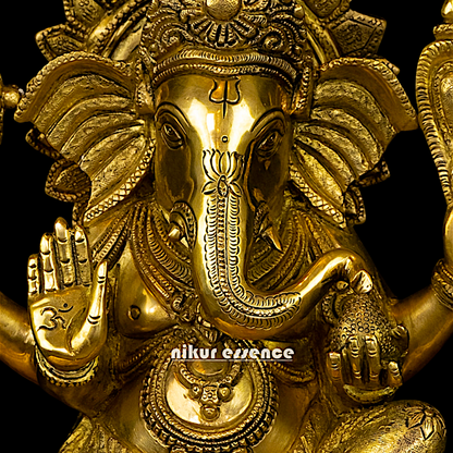 Ganesh Ganpati with Blessing seated pedestal brass idol - 13 Inches Nikuressence