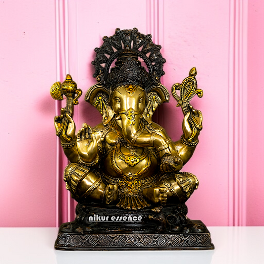 Brass Ganesha Sitting on throne with Four Armed idol - 20 Inches Nikuressence