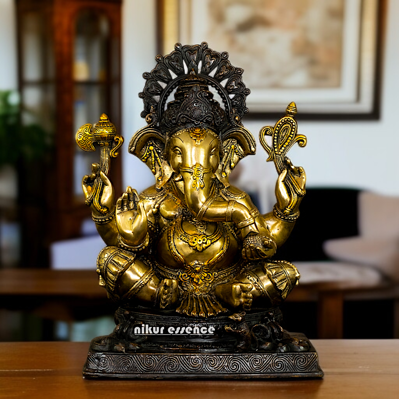 Brass Ganesha Sitting on throne with Four Armed idol - 20 Inches Nikuressence