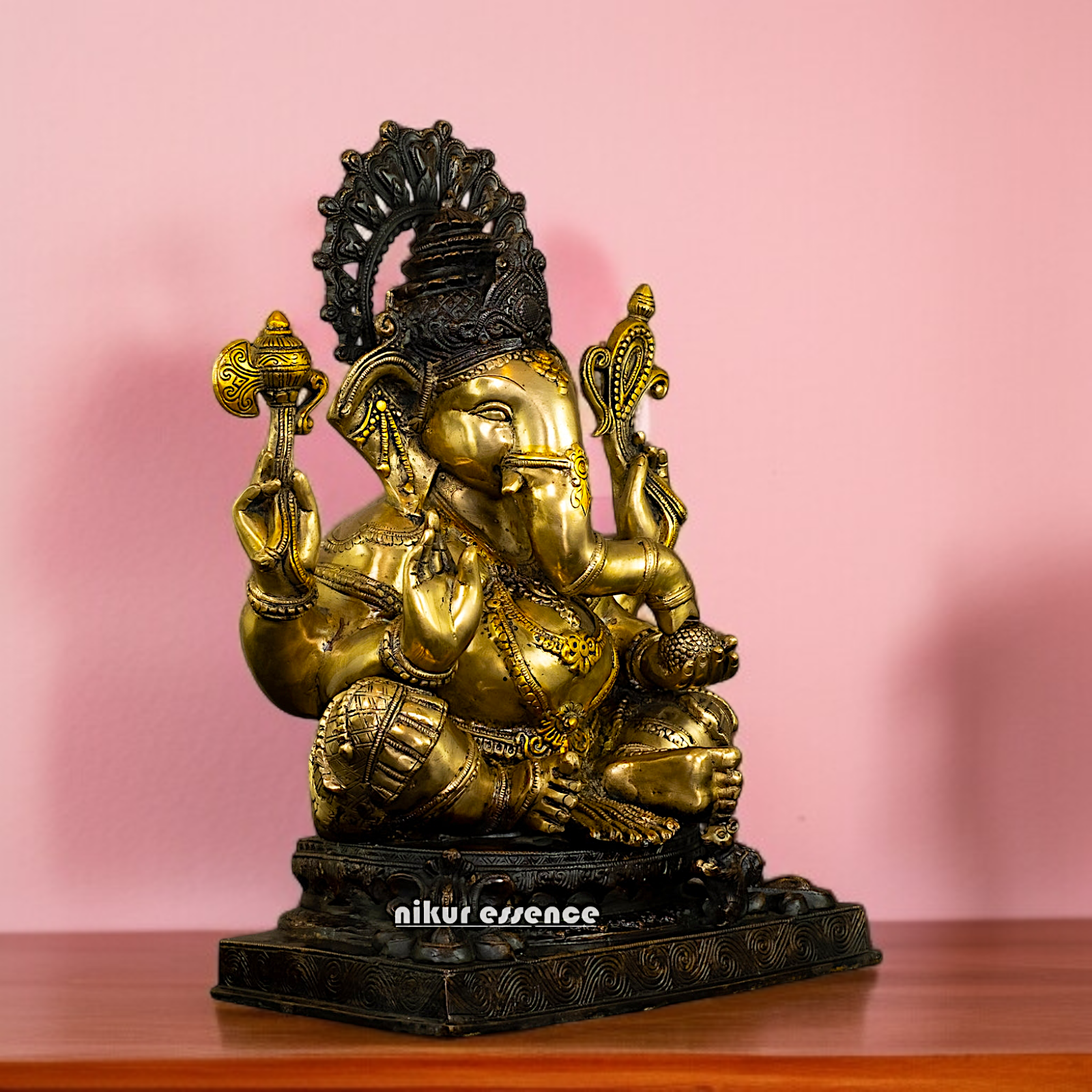 Brass Ganesha Sitting on throne with Four Armed idol - 20 Inches Nikuressence