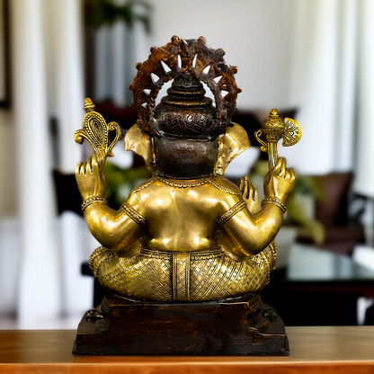 Brass Ganesha Sitting on throne with Four Armed idol - 20 Inches Nikuressence