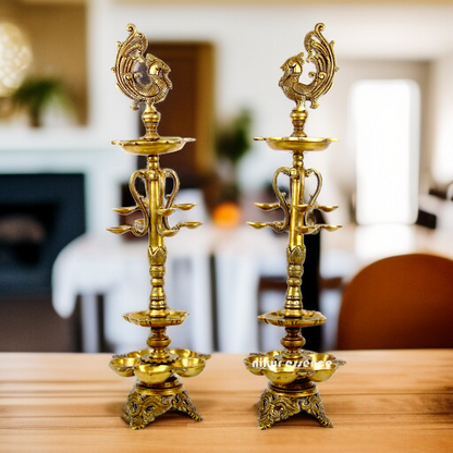 Pair peacock Diya lamps solid brass - 27.5 Inches Nikuressence