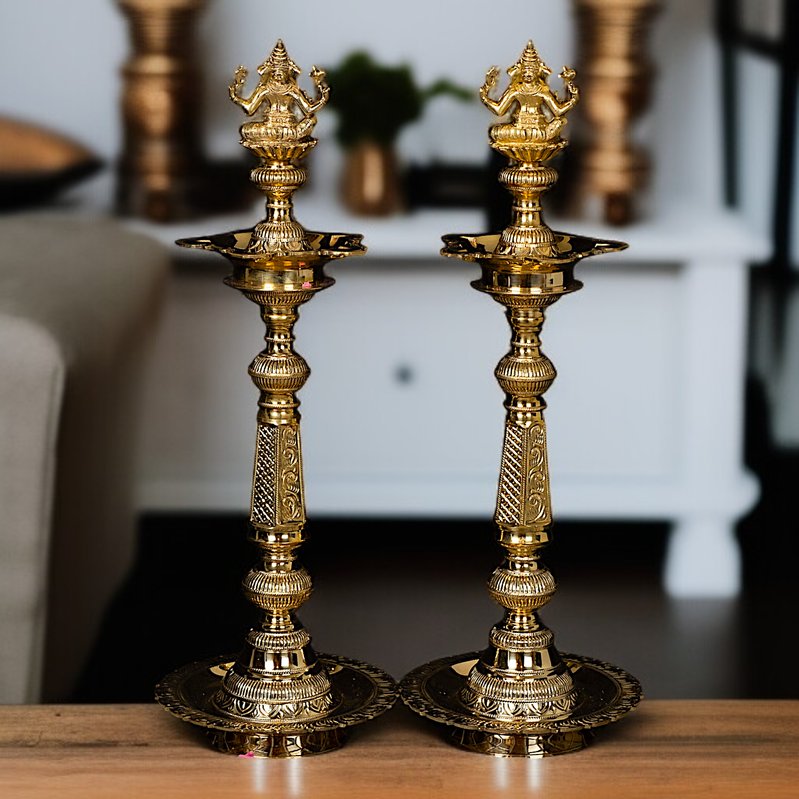 Pair Ganesha Diya lamps Brass large - 2 Feet Nikuressence