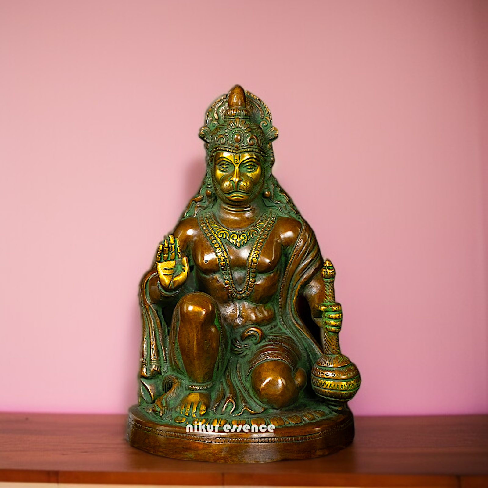 Hanuman ji Seated with Blessing and Gada Brass idol - 10 Inches Nikuressence