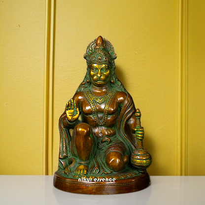 Hanuman ji Seated with Blessing and Gada Brass idol - 10 Inches Nikuressence