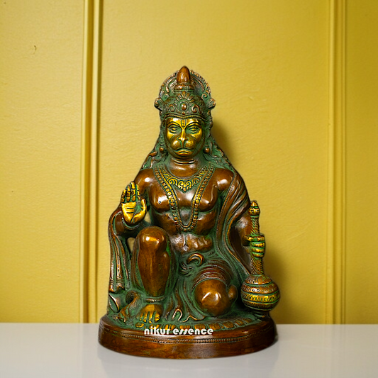 Hanuman ji Seated with Blessing and Gada Brass idol - 10 Inches Nikuressence