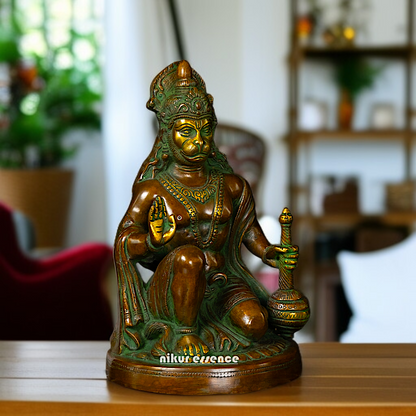 Hanuman ji Seated with Blessing and Gada Brass idol - 10 Inches Nikuressence