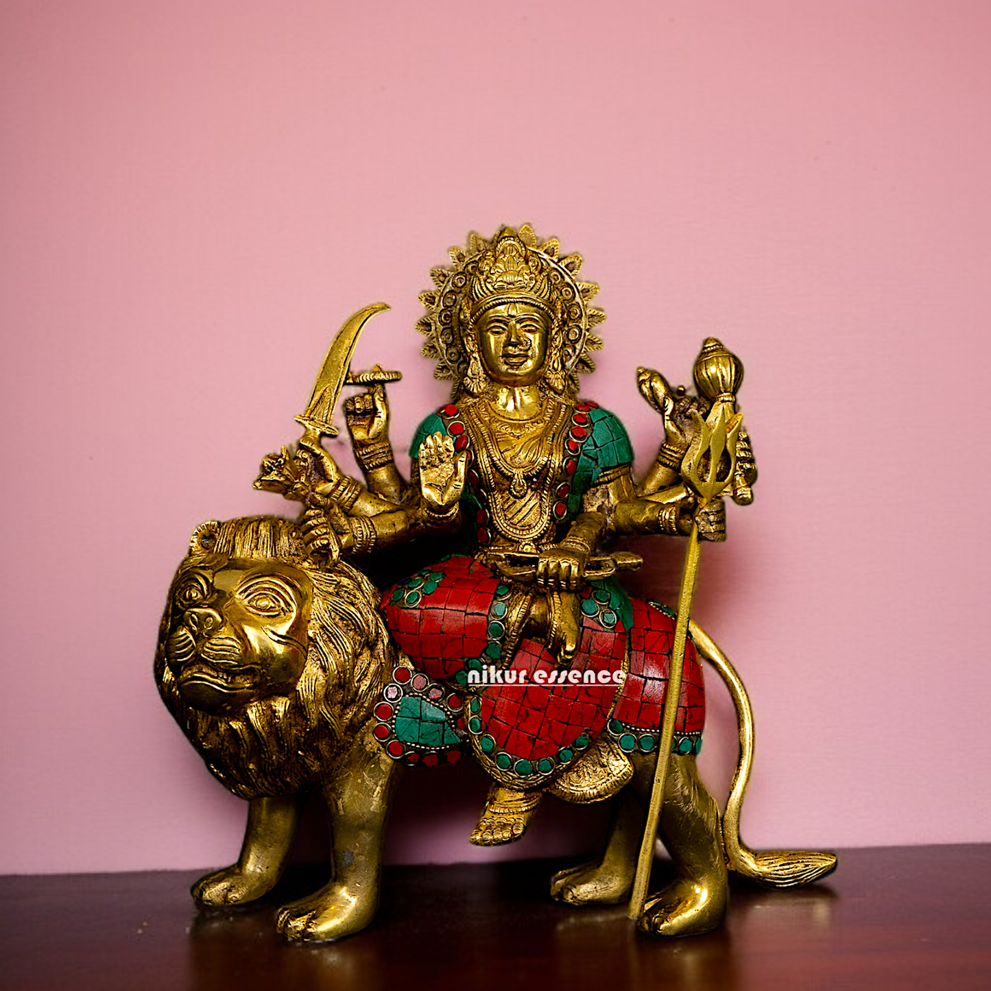 Brass Durga Devi Sherawali Maa seated on Lion with stone work idol - 10 Inches Nikuressence
