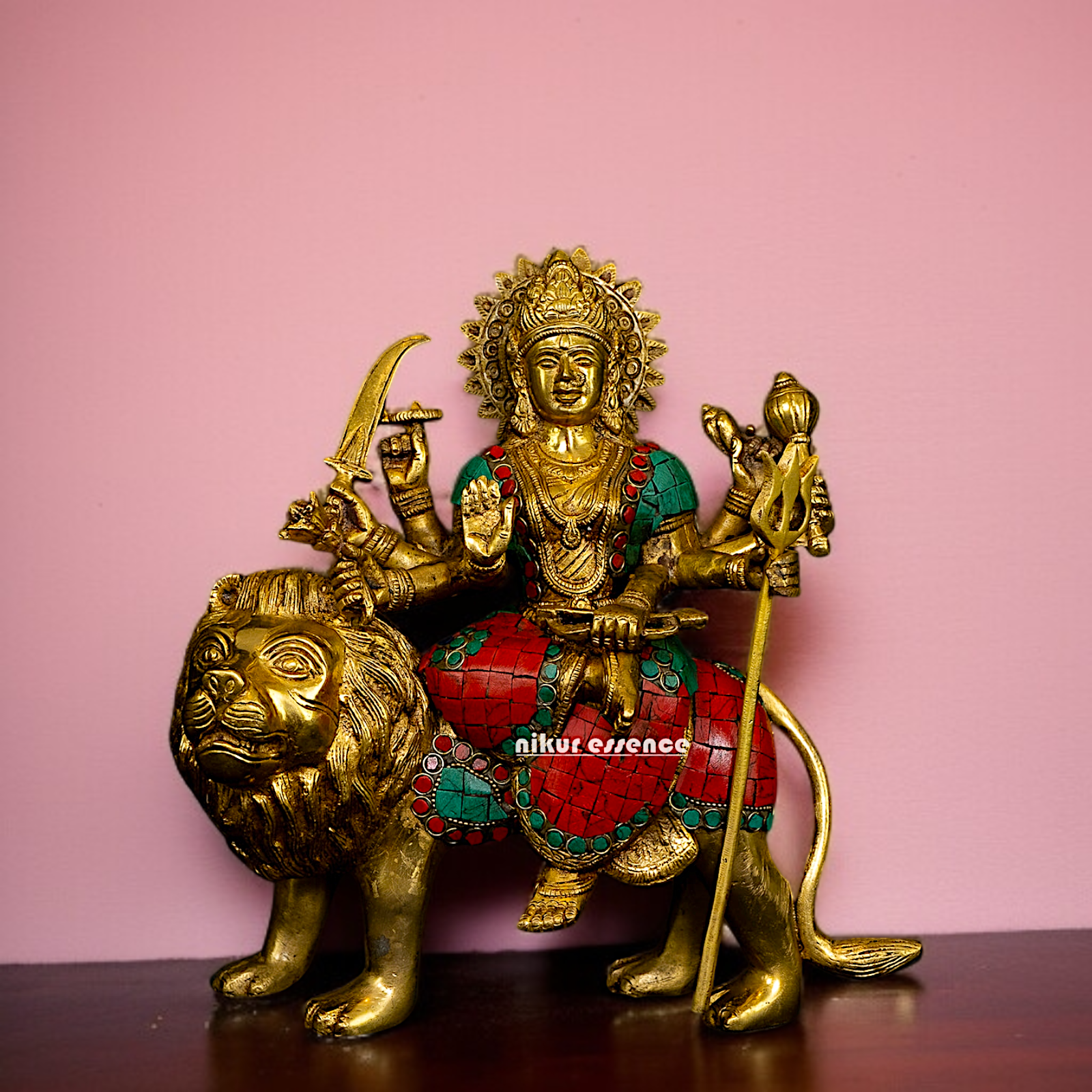 Brass Durga Devi Sherawali Maa seated on Lion with stone work idol - 10 Inches Nikuressence