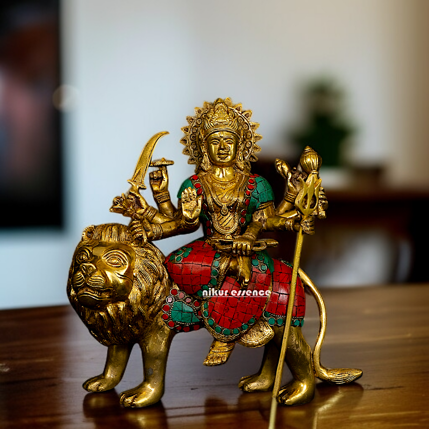 Brass Durga Devi Sherawali Maa seated on Lion with stone work idol - 10 Inches Nikuressence