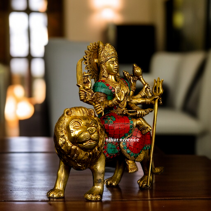 Brass Durga Devi Sherawali Maa seated on Lion with stone work idol - 10 Inches Nikuressence