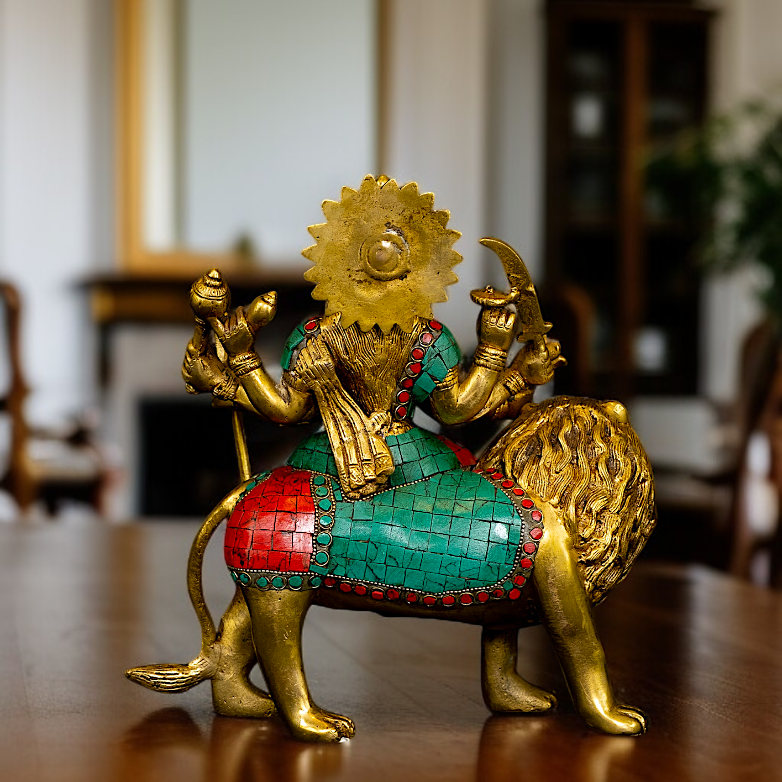Brass Durga Devi Sherawali Maa seated on Lion with stone work idol - 10 Inches Nikuressence