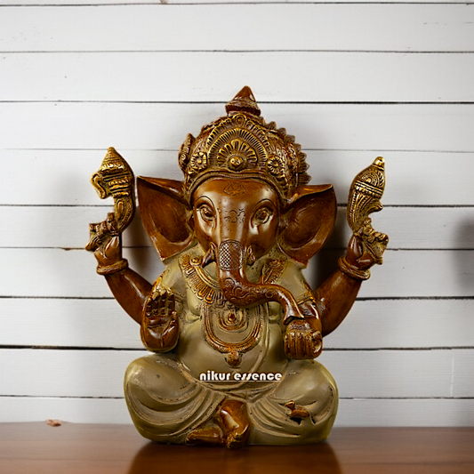 Ganpati seated Blessing with Four Armed Brass idol - 9 Inches Nikuressence
