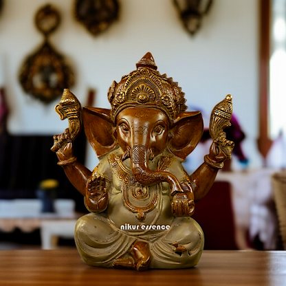 Ganpati seated Blessing with Four Armed Brass idol - 9 Inches Nikuressence