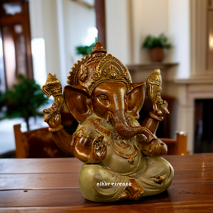 Ganpati seated Blessing with Four Armed Brass idol - 9 Inches Nikuressence
